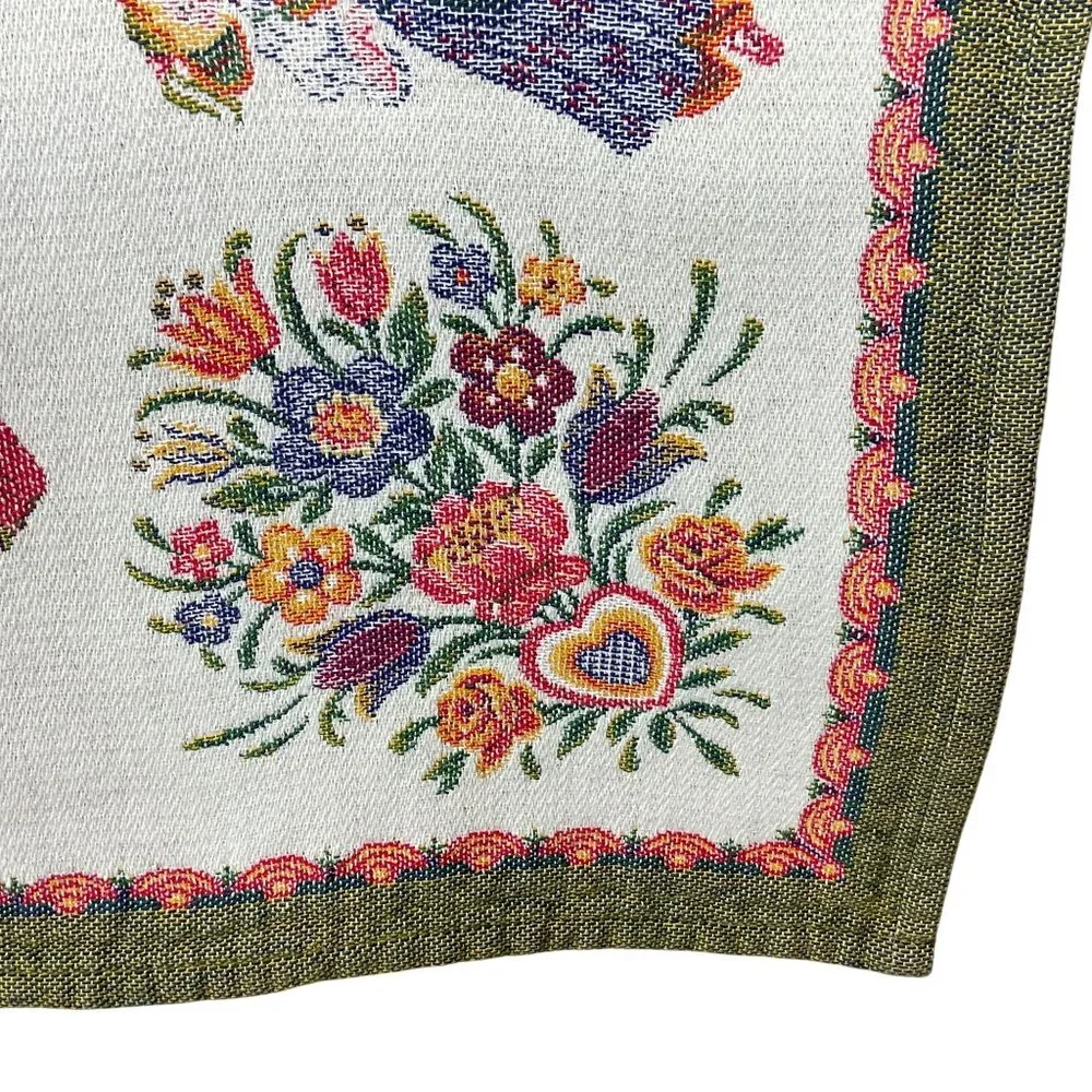 Vintage Jacquard Austrian Folk Art Square Tablecloth Bavarian Dancers Florals